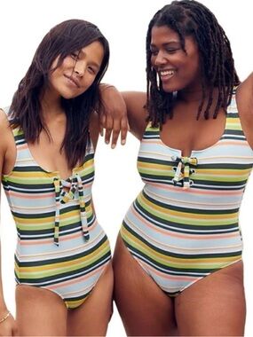 aerie Striped One-Piece Swimsuit in Mint, Coral, Green